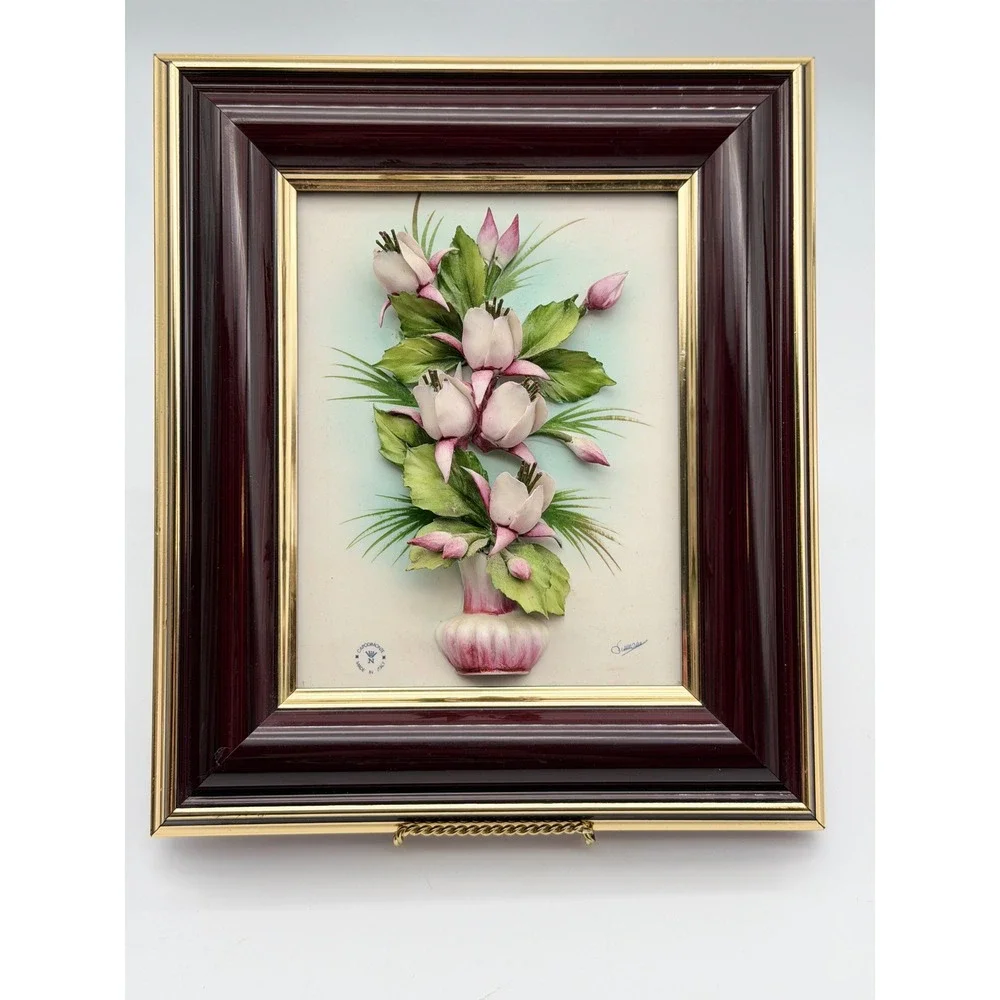 Capodimonte Italy Porcelain 3D Floral Art Framed High Relief Simonetti Signed